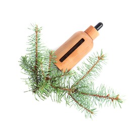 Bottle of pine essential oil on white background, top view