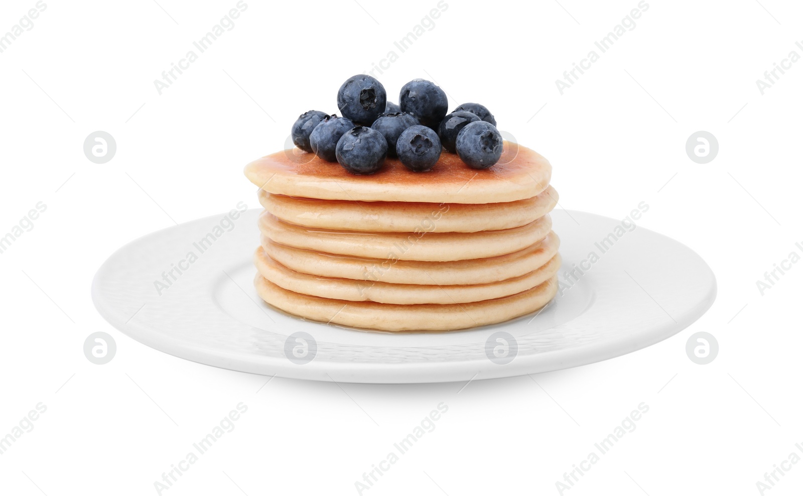 Photo of Delicious pancakes with blueberries and honey isolated on white