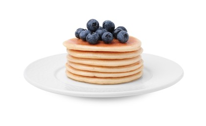 Delicious pancakes with blueberries and honey isolated on white