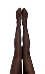 Photo of Woman with beautiful long legs wearing black tights on white background, closeup