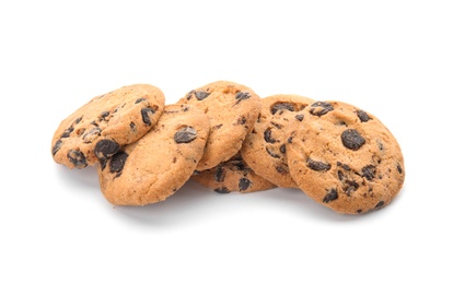 Photo of Pile of tasty chocolate chip cookies on white background