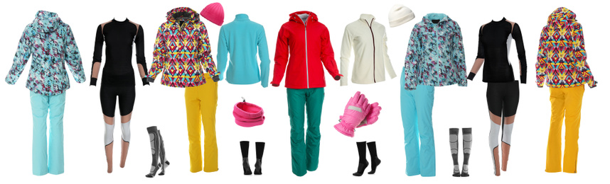 Image of Collection of stylish winter sports clothes on white background