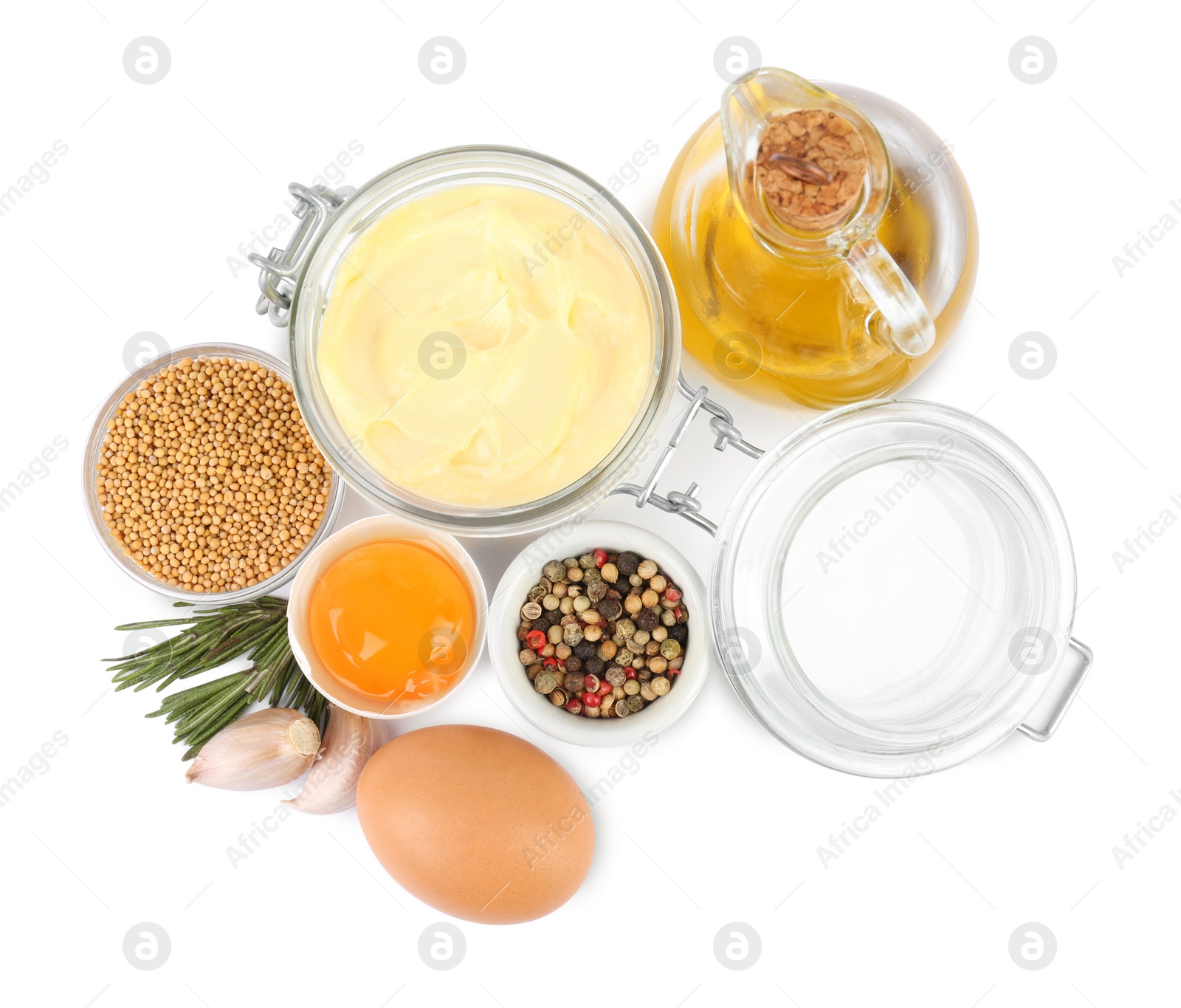 Photo of Delicious homemade mayonnaise, spices and ingredients on white background, top view