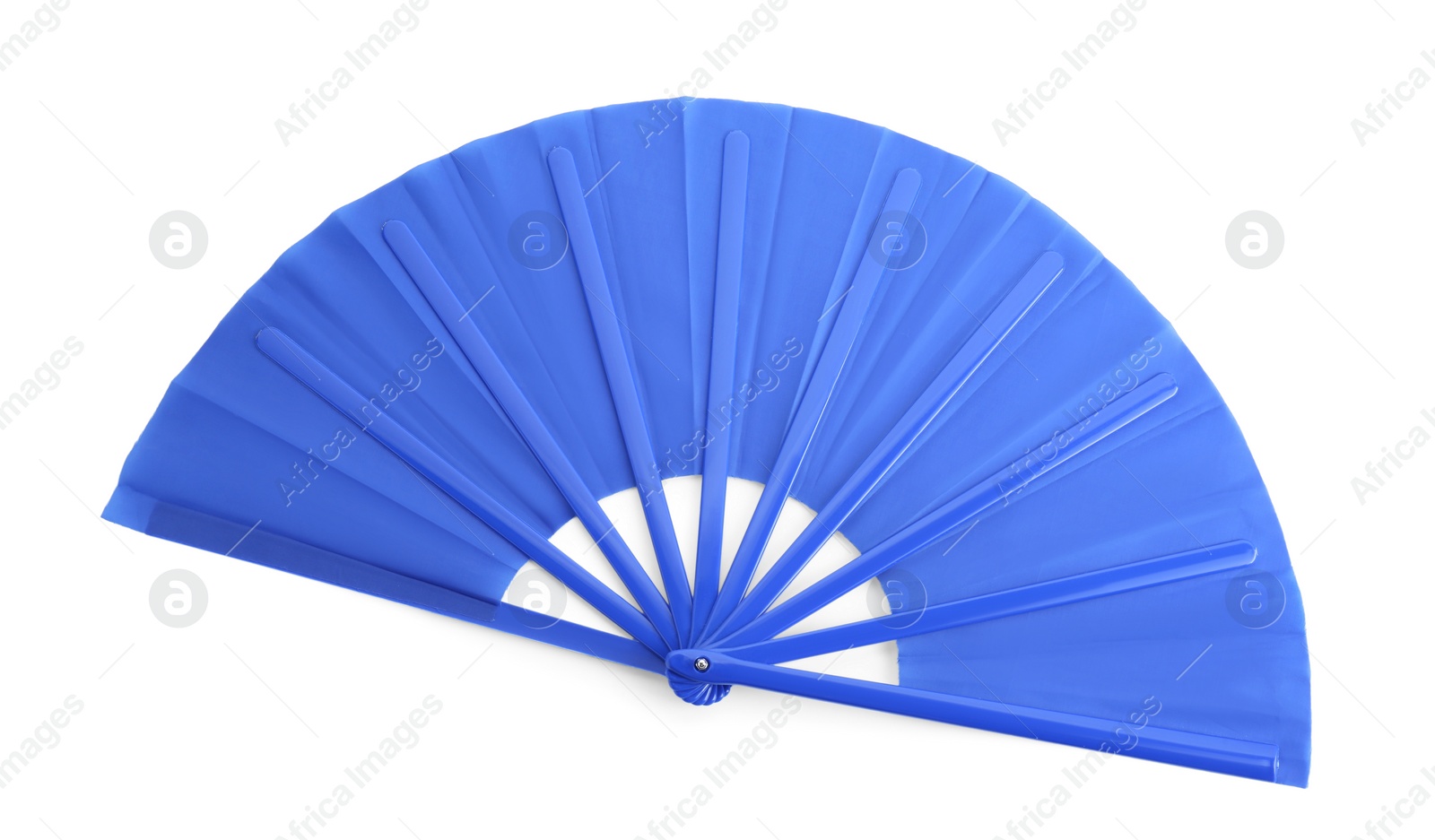 Photo of Bright blue hand fan isolated on white, top view