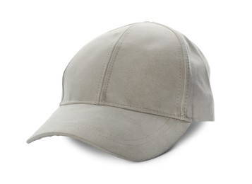 Photo of Stylish light grey baseball cap on white background