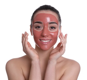Woman with pomegranate face mask on white background