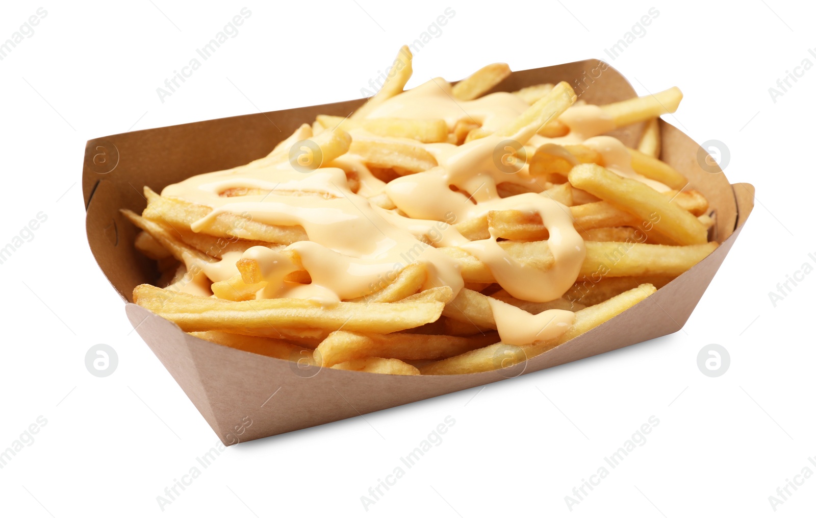 Photo of Delicious French fries with cheese sauce isolated on white