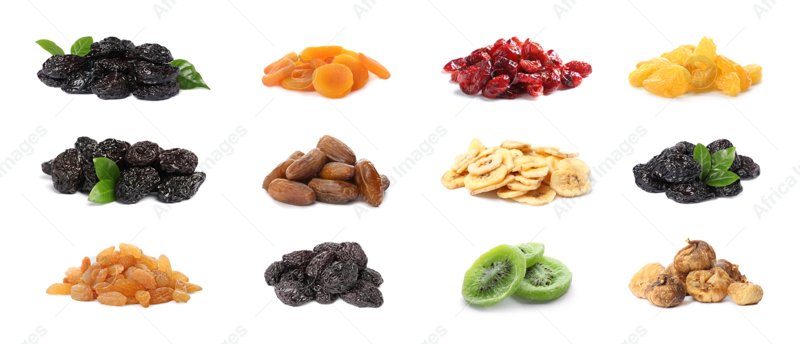 Image of Set with different tasty dried fruits on white background. Banner design