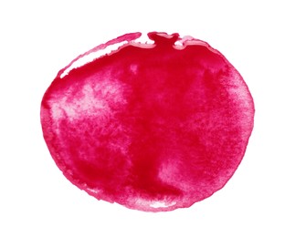 Photo of Blot of pink watercolor paint isolated on white, top view
