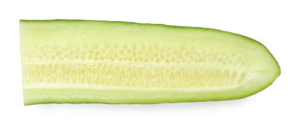 Photo of Piece of fresh cucumber isolated on white, top view