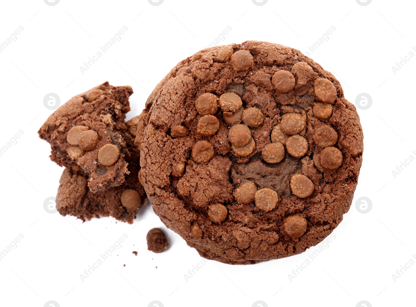 Photo of Delicious chocolate chip cookies on white background, top view