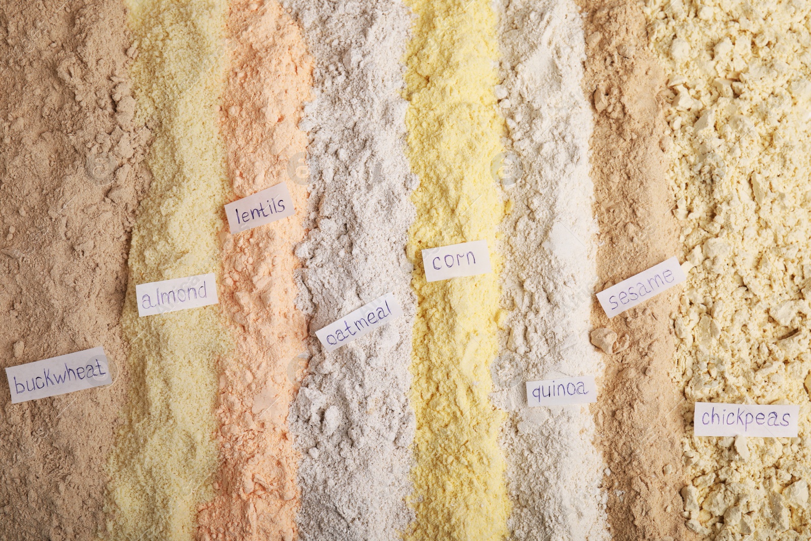 Photo of Different types of flours as background, top view