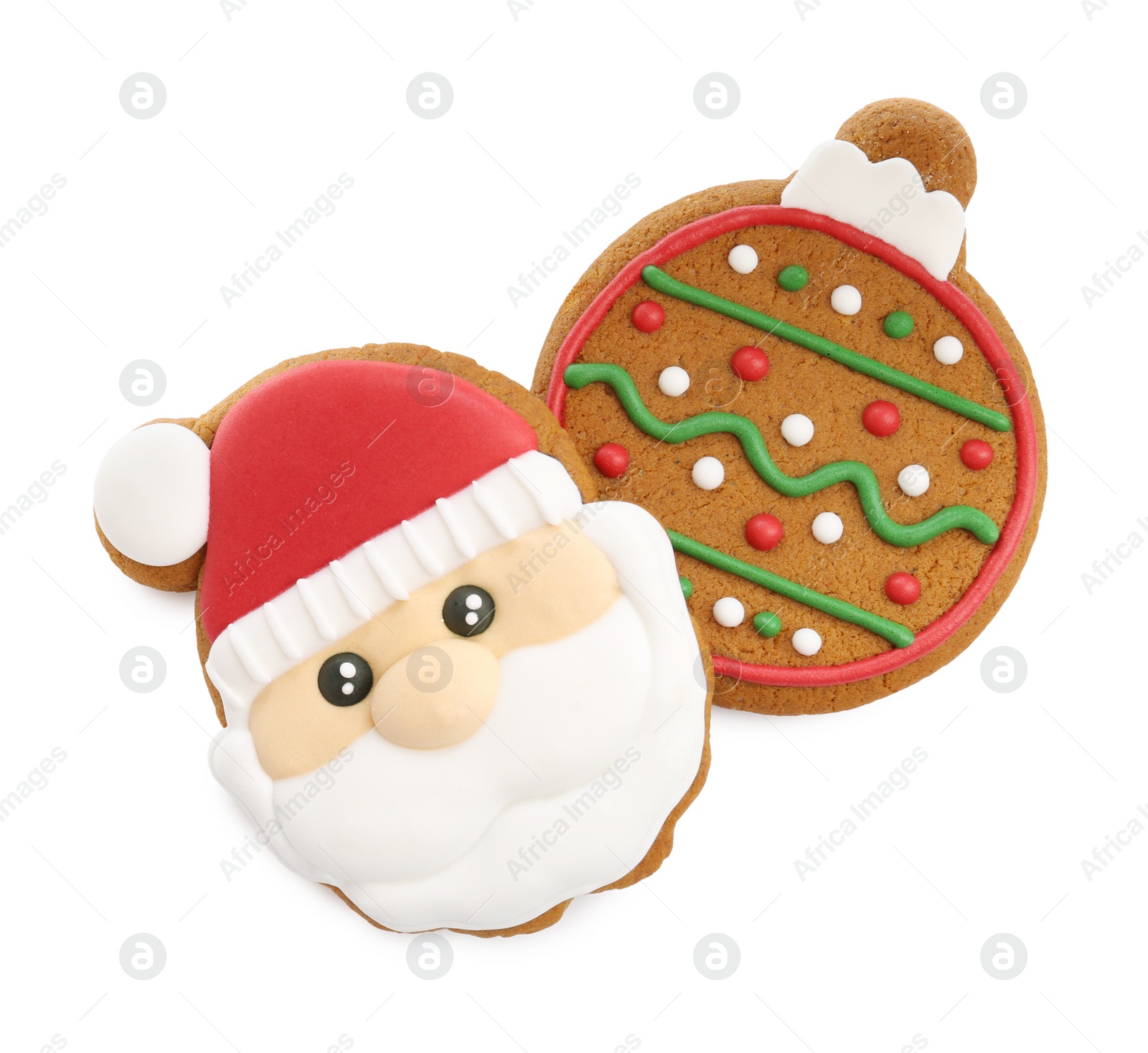 Photo of Tasty cookies in shape of Santa Claus and Christmas ball isolated on white, top view