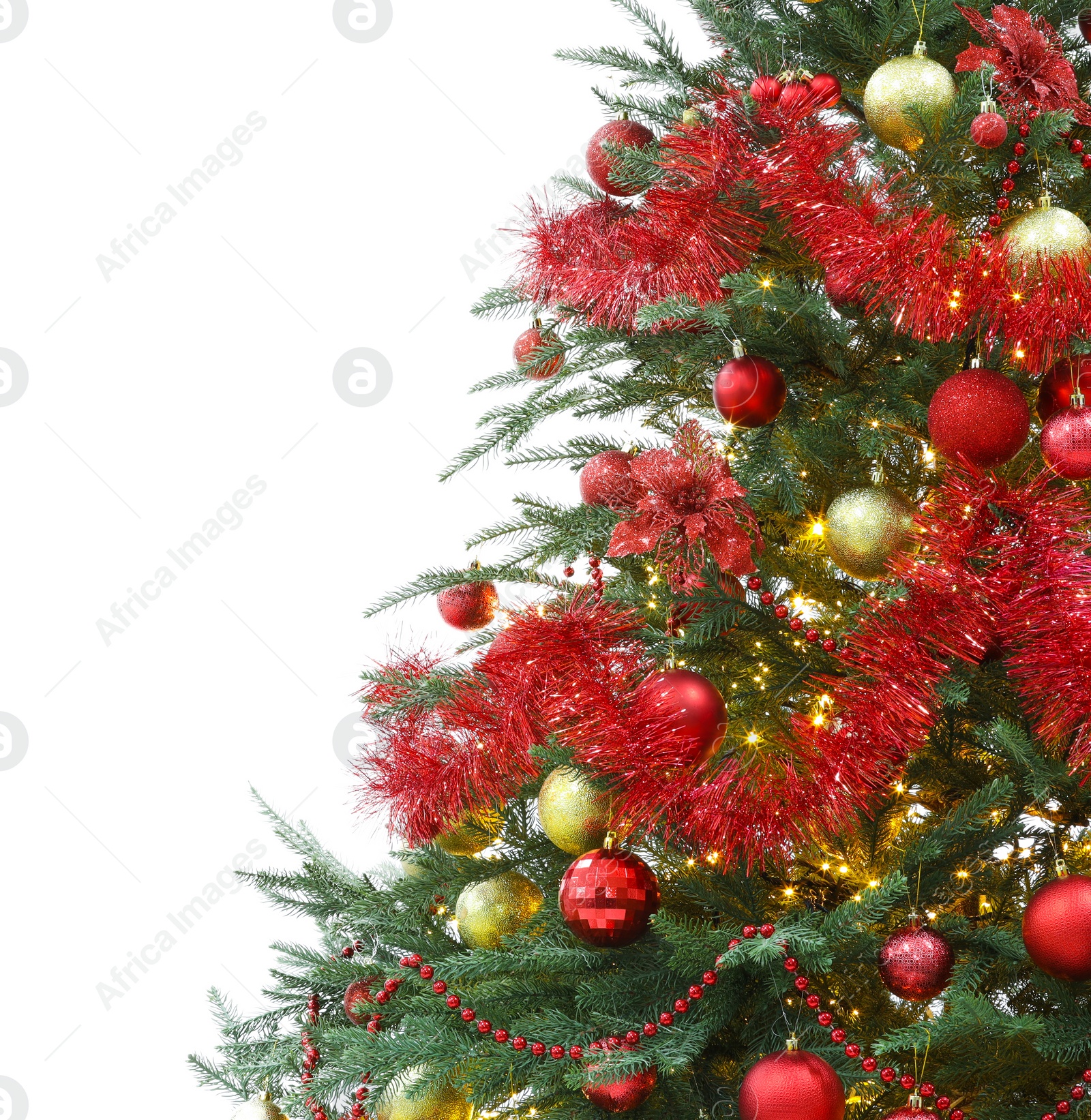 Photo of Beautiful Christmas tree decorated with ornaments and garland isolated on white