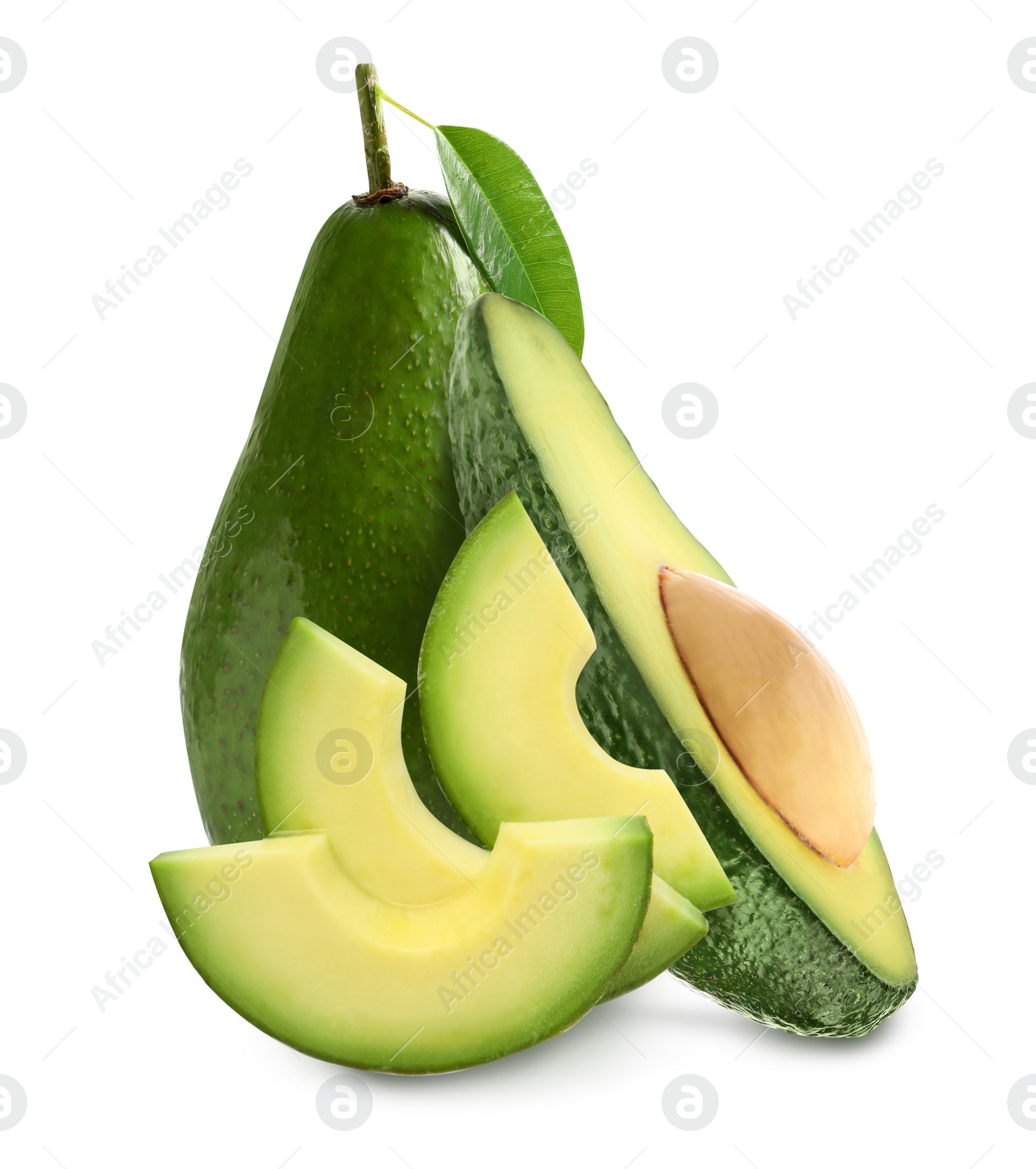 Image of Cut and whole fresh avocados on white background