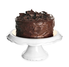 Stand with tasty homemade chocolate cake on white background