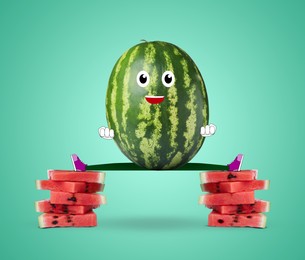 Image of Creative artwork. Happy watermelon training. Slice of fruit with drawings on turquoise background