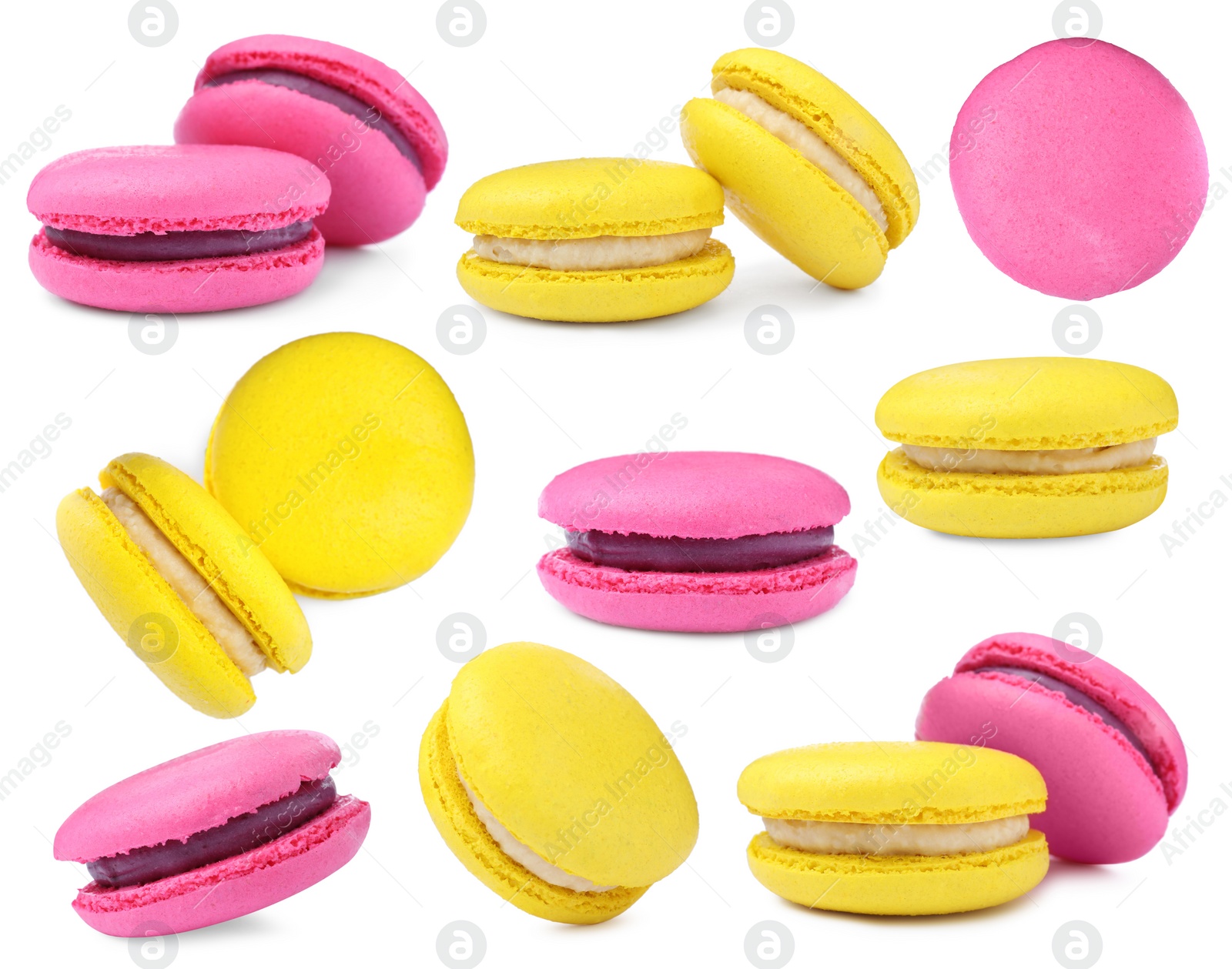 Image of Set with different delicious macarons on white background