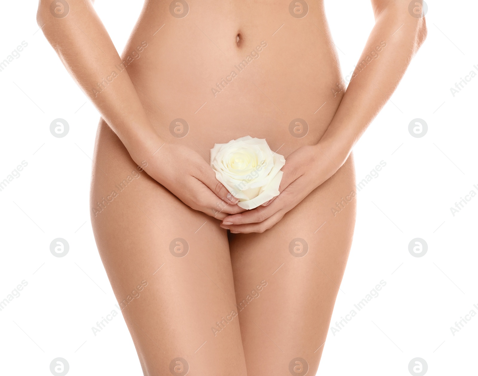 Photo of Woman with rose showing smooth skin on white background, closeup. Brazilian bikini epilation