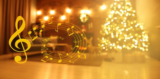 Music notes and blurred view of room decorated for Christmas and New Year celebration, bokeh effect. Banner design