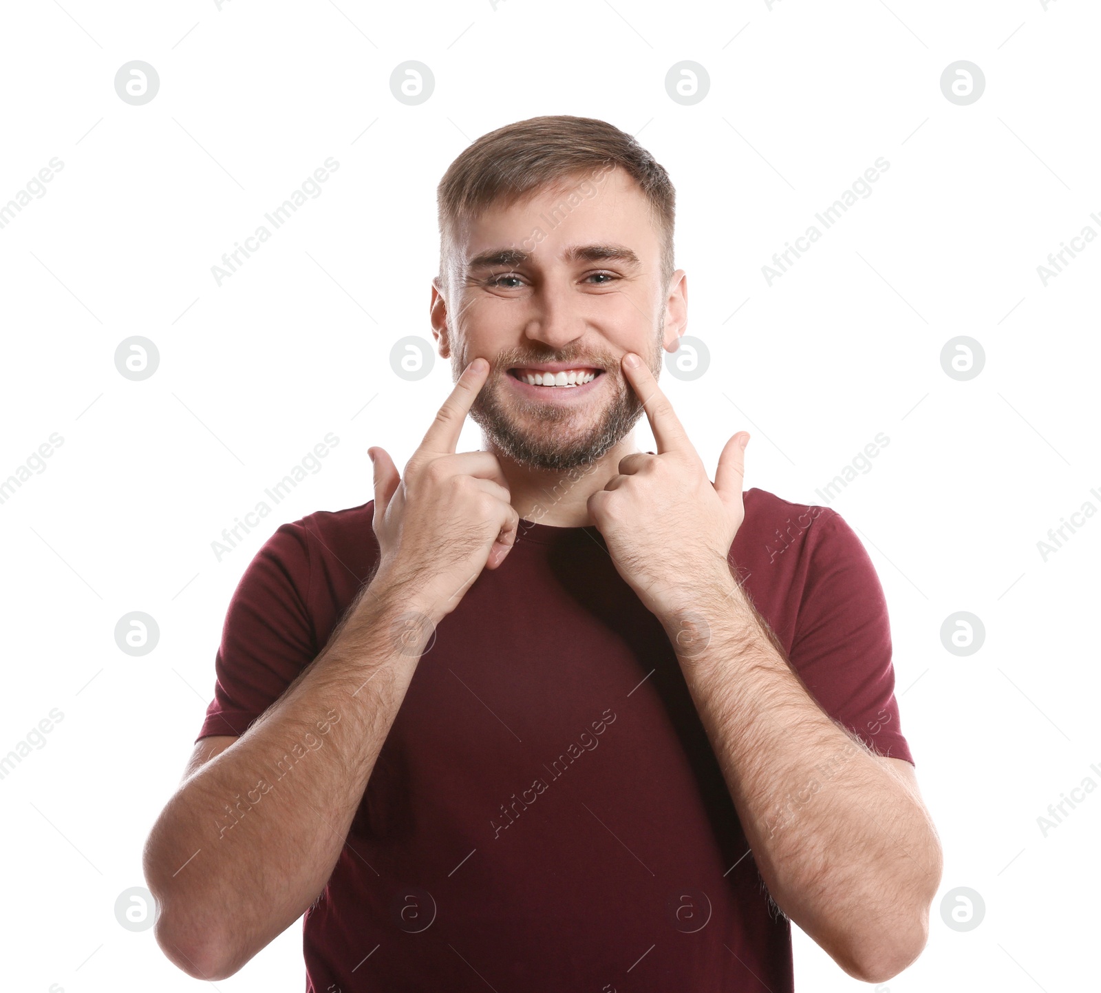 Photo of Man showing LAUGH gesture in sign language on white background