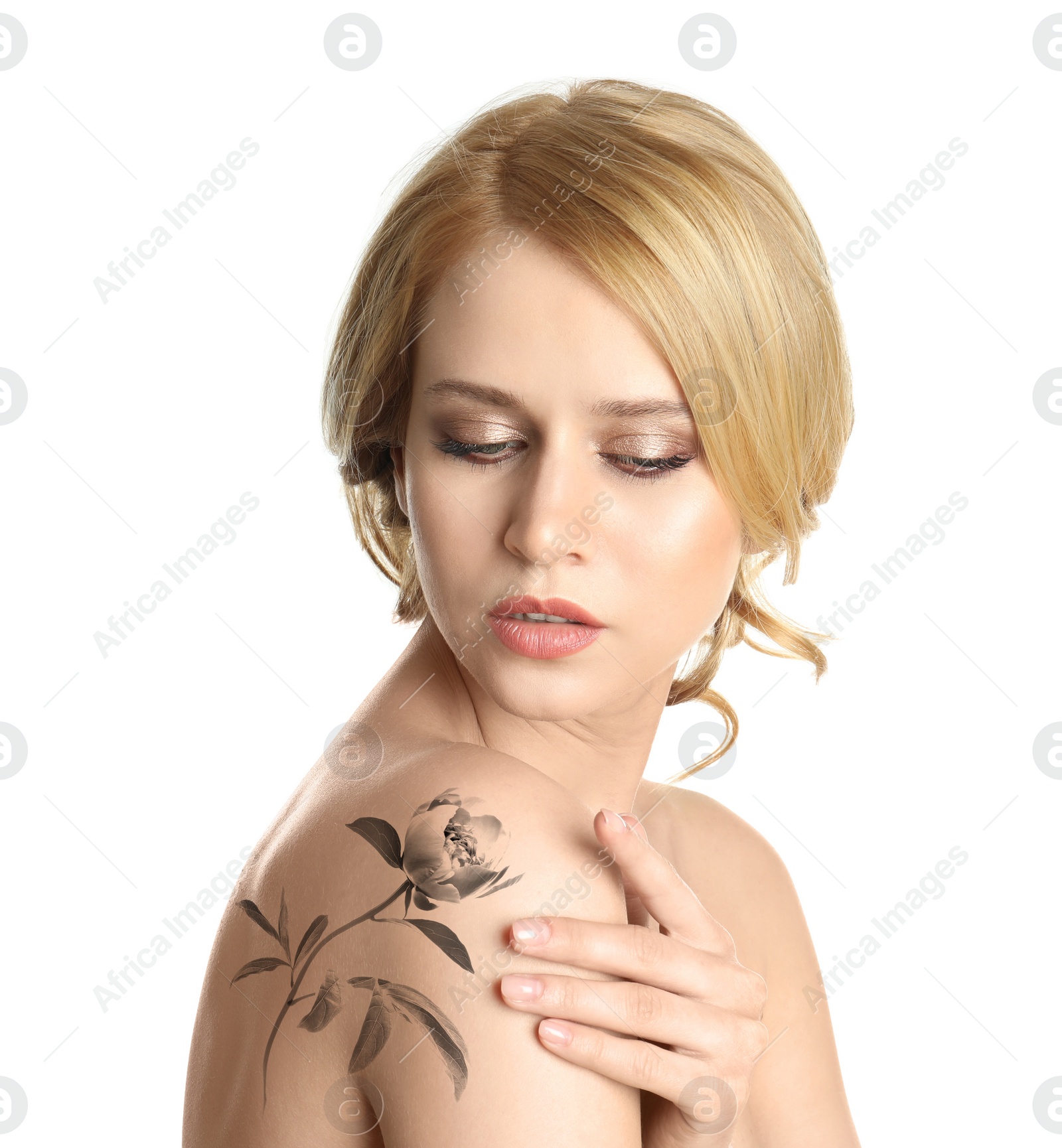 Image of Young woman with beautiful flower tattoo on white background, side view