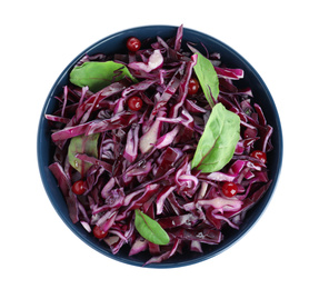 Fresh red cabbage salad in bowl isolated on white, top view