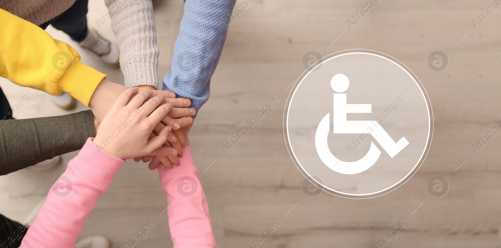 Image of Inclusion concept, banner design. International symbol of access. People holding hands together, top view