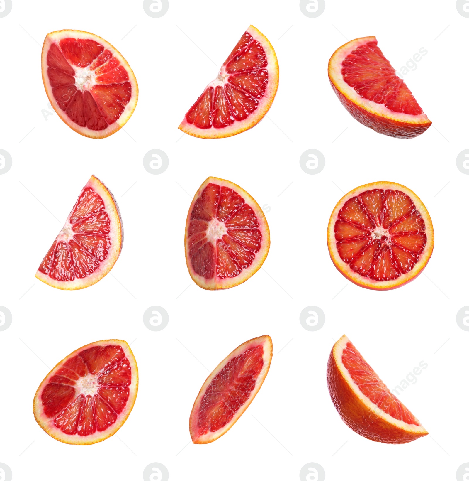 Image of Set with ripe red oranges on white background