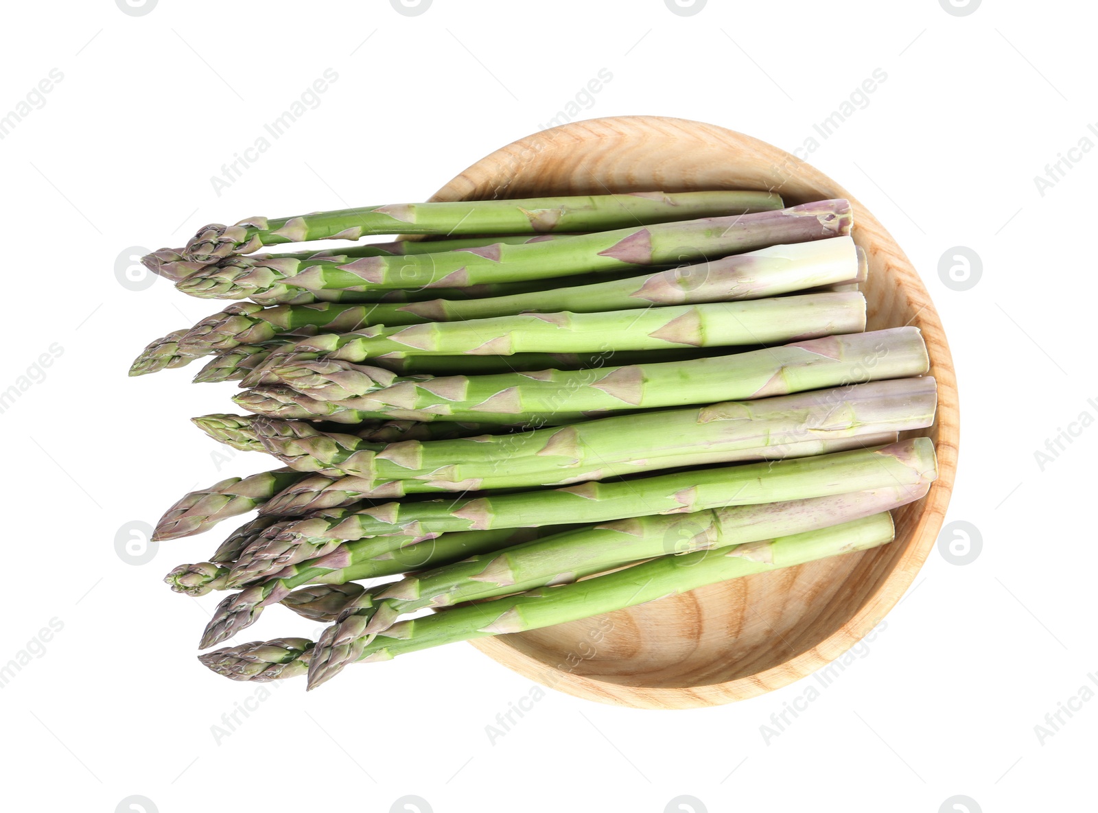 Photo of Raw asparagus isolated on white, top view