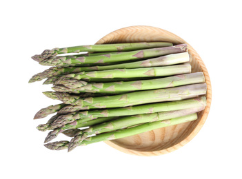Photo of Raw asparagus isolated on white, top view