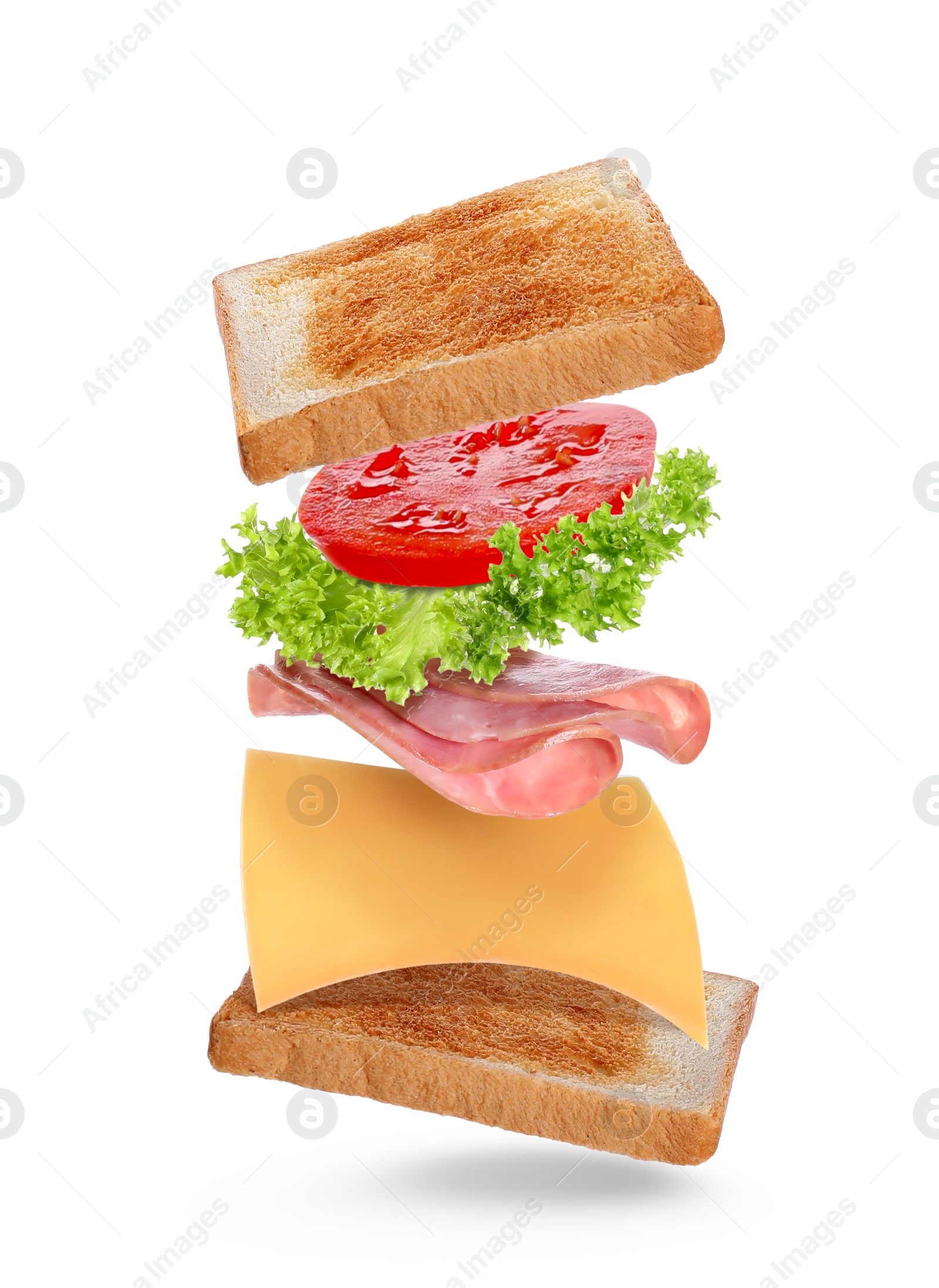 Image of Delicious sandwich with toasted bread on white background