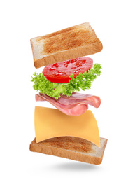 Image of Delicious sandwich with toasted bread on white background