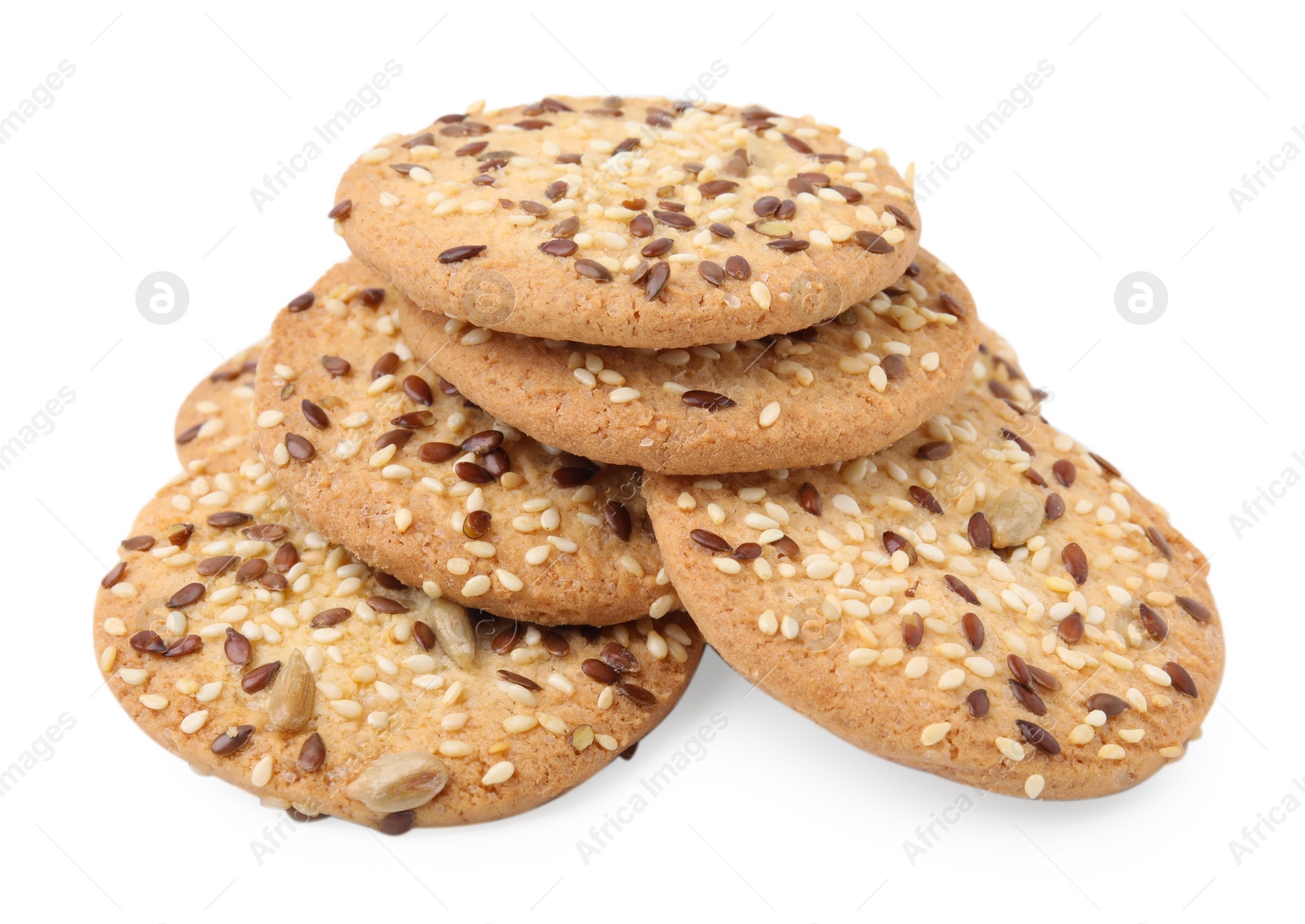 Photo of Round cereal crackers with flax, sunflower and sesame seeds isolated on white