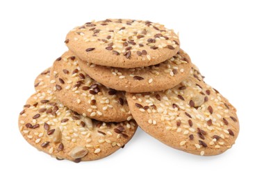 Photo of Round cereal crackers with flax, sunflower and sesame seeds isolated on white