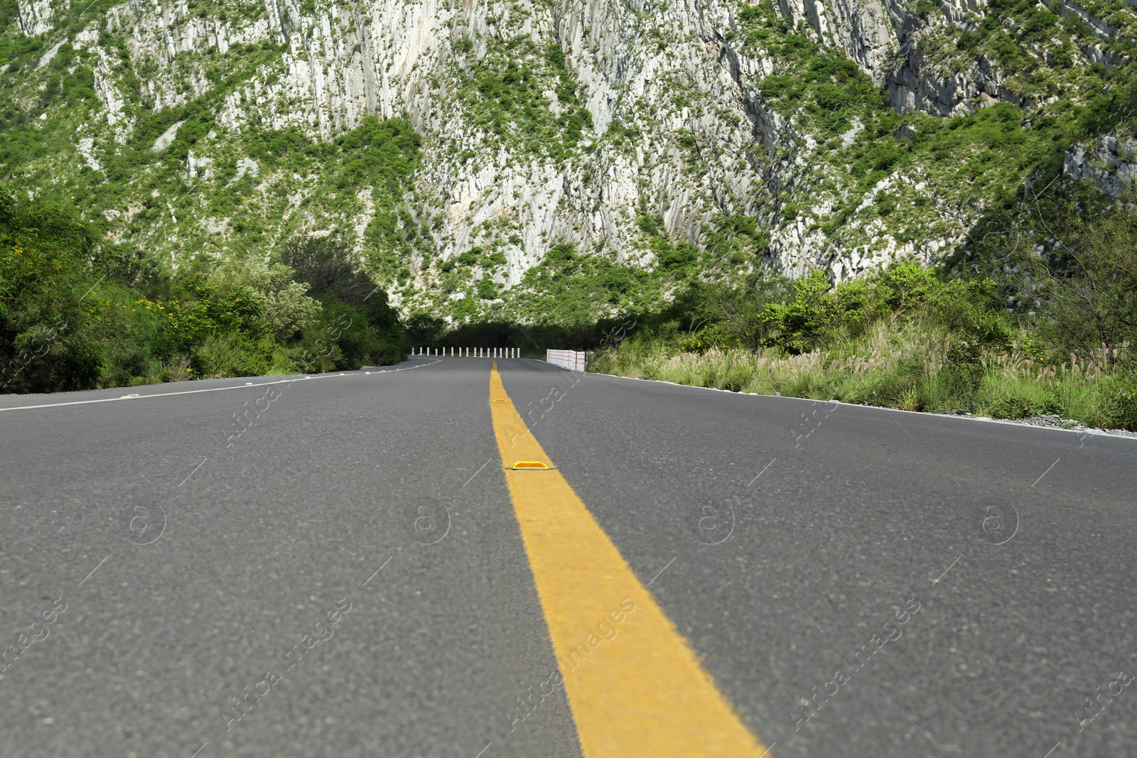 Photo of Picturesque view of big mountains and bushes near road