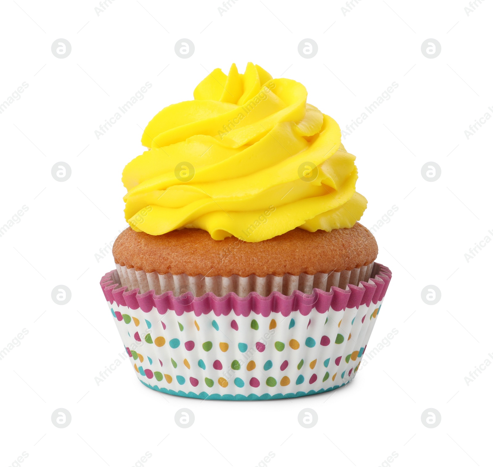 Photo of Delicious cupcake with yellow cream isolated on white
