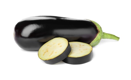 Photo of Tasty raw ripe eggplants on white background