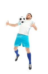 Young man playing football on white background