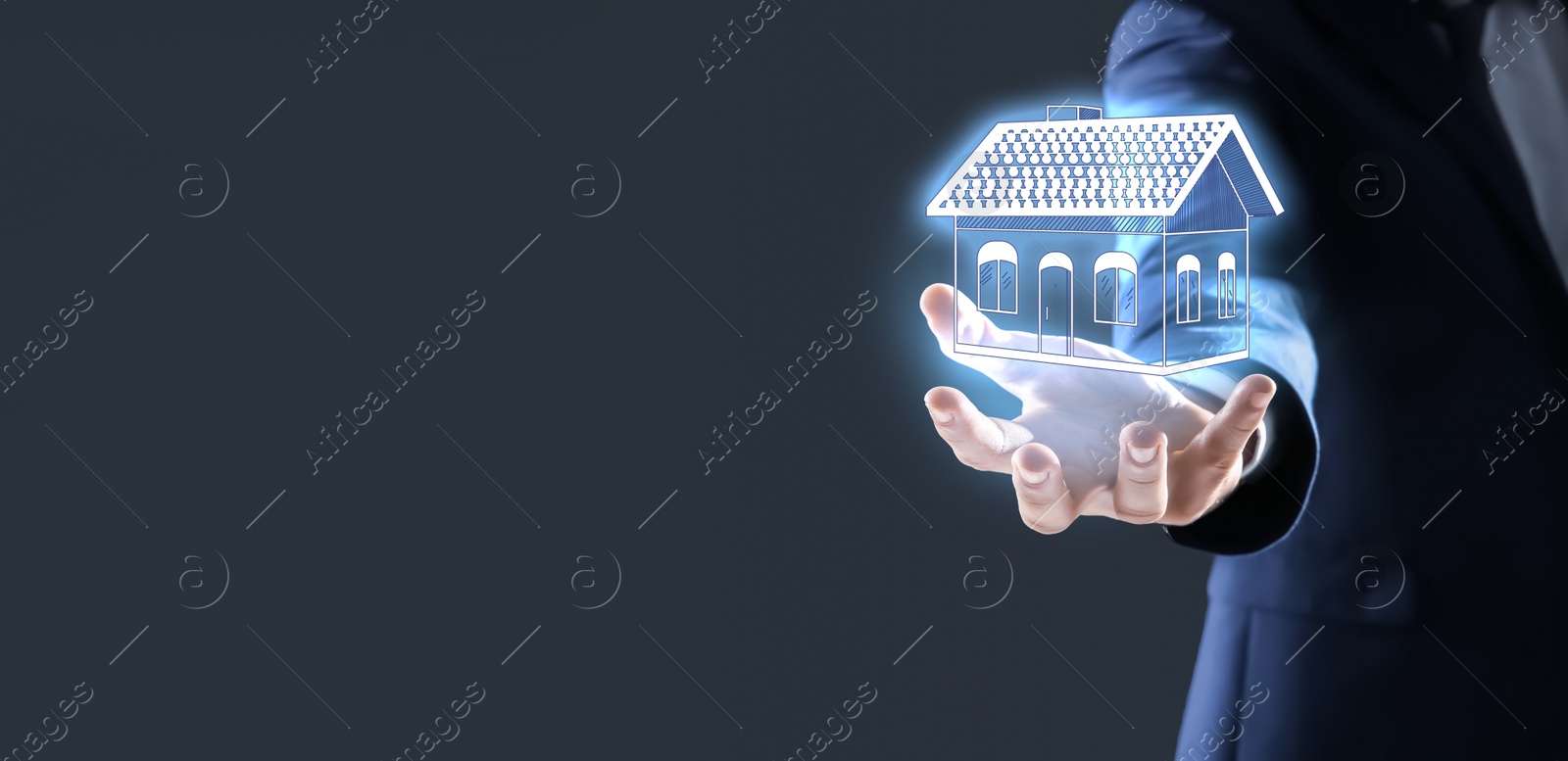 Image of Real estate agent demonstrating house illustration on dark background, closeup with space for text. Banner design