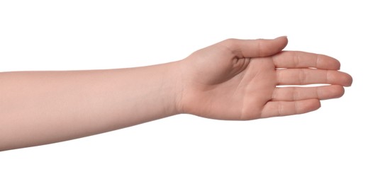 Woman showing hand on white background, closeup