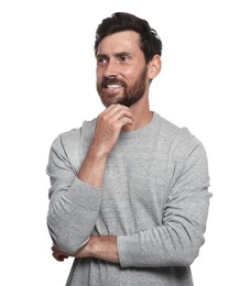 Photo of Portrait of smiling bearded man on white background