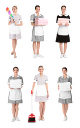 Collage with photos of chambermaids on white background
