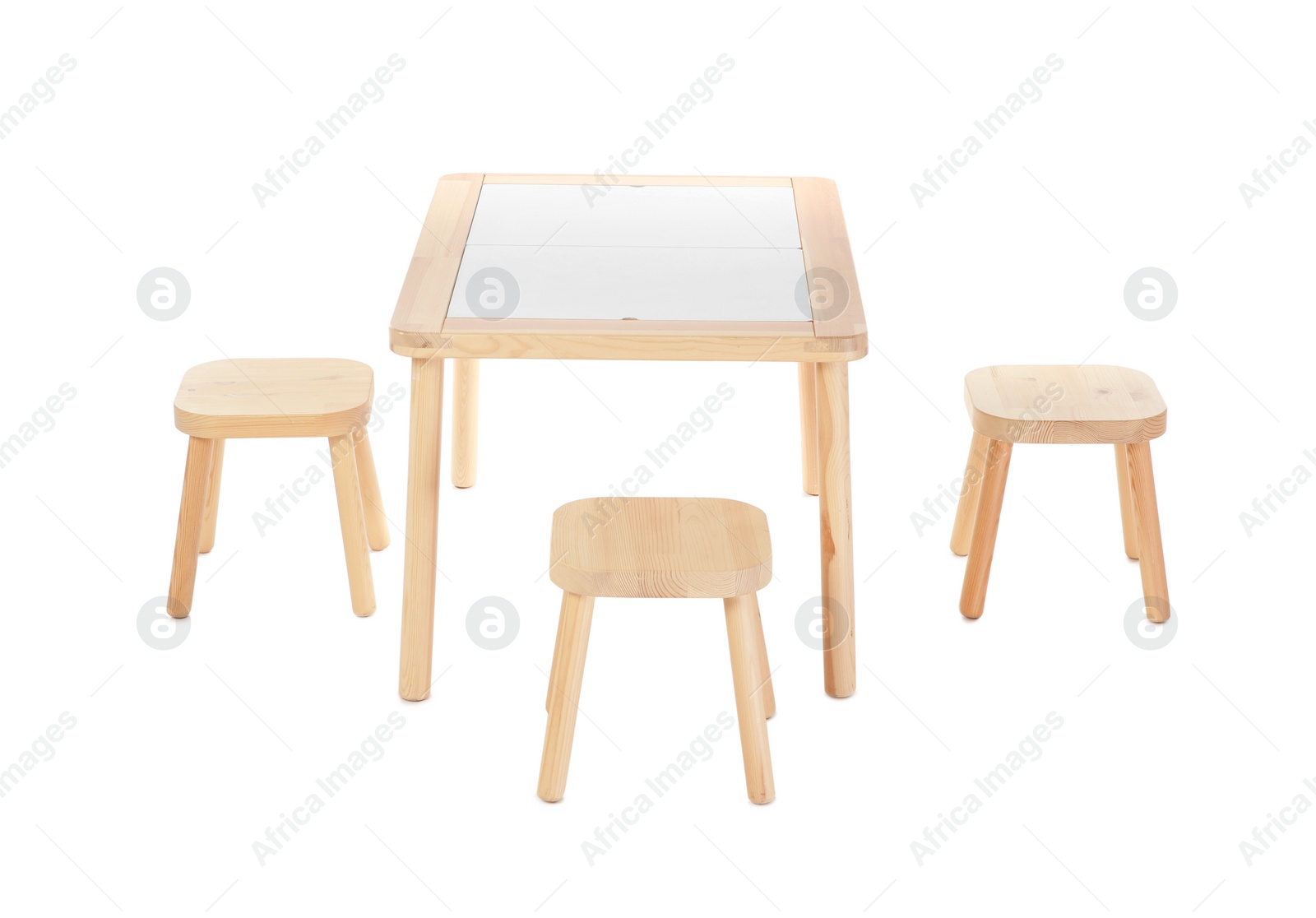 Photo of Wooden table and stools for kids isolated on white