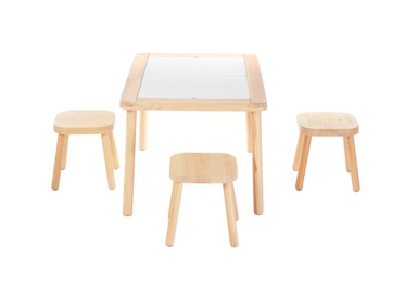 Wooden table and stools for kids isolated on white