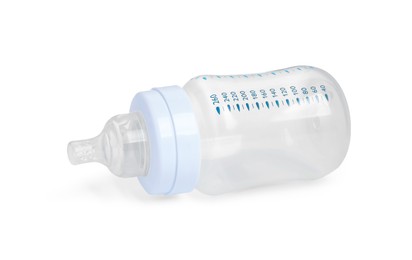 One empty feeding bottle for baby milk isolated on white