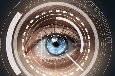 Image of Closeup view of woman in process of scanning, focus on eye