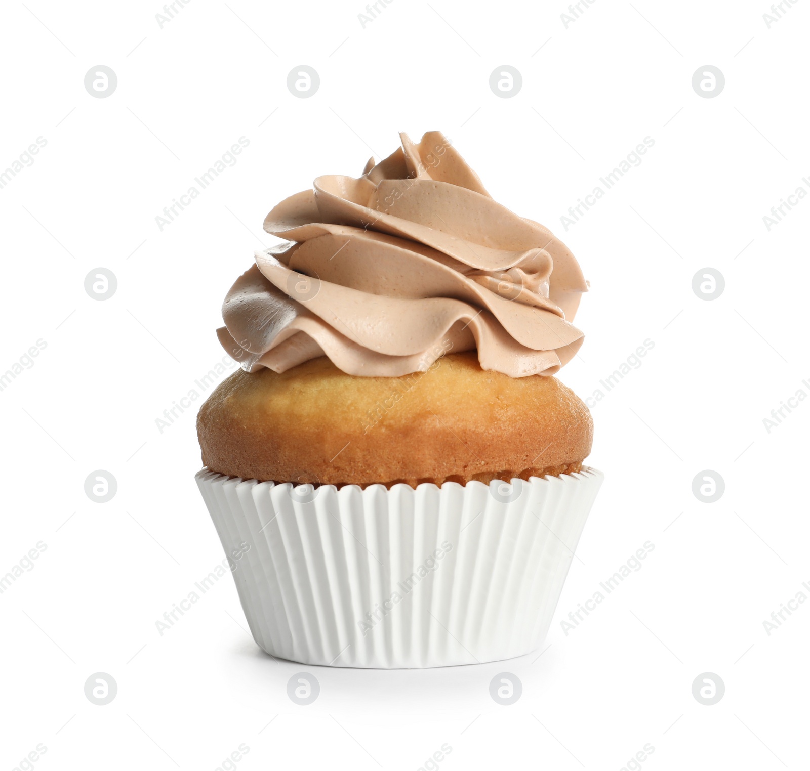 Photo of Delicious birthday cupcake on white background