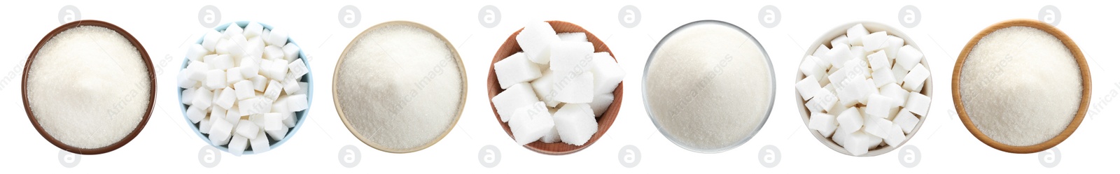 Image of Set with refined sugar on white background, top view. Banner design