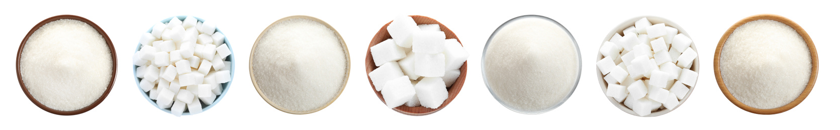 Image of Set with refined sugar on white background, top view. Banner design